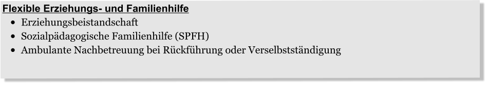 Flexible Erziehungs- und Familienhilfe •	Erziehungsbeistandschaft •	Sozialpädagogische Familienhilfe (SPFH) •	Ambulante Nachbetreuung bei Rückführung oder Verselbstständigung